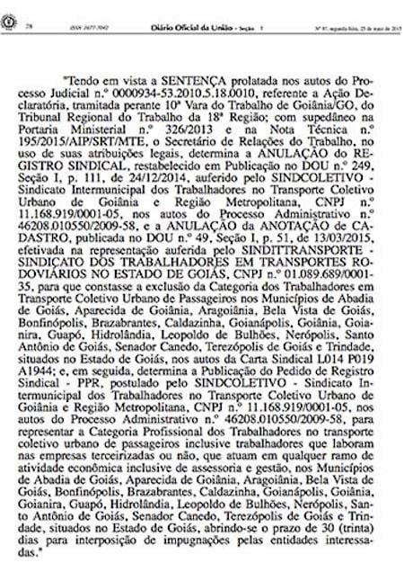 Secretaria de rela&ccedil;&otilde;es do trabalho cassa registro do sindcoletivo