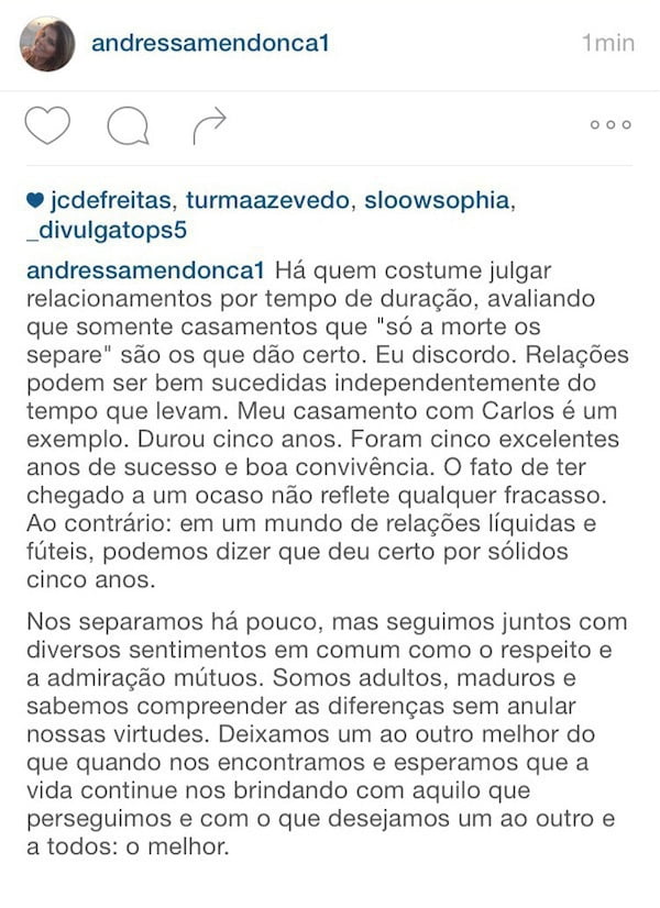 (Imagem reproduzida do Facebook em 8/09/15) andressa mendonca anuncia separacao de carlinhos cachoeira