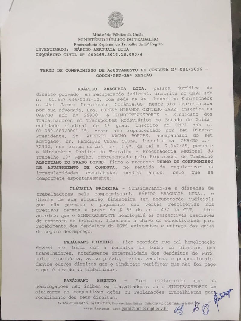 termo ajuste de conduta sinttransporte rapido araguaia pagina 1
