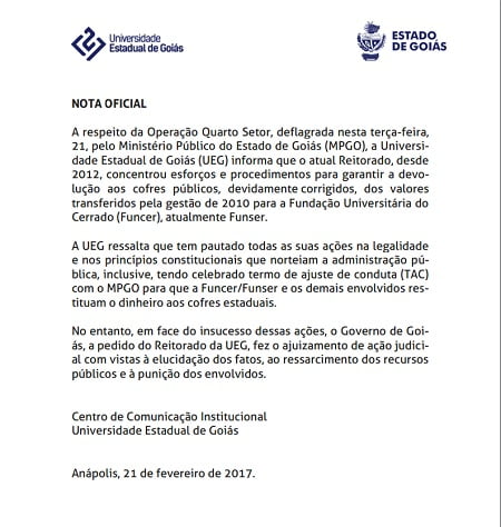 nota oficial ueg operacao quarto setor