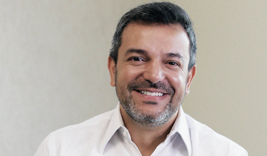 Imagem com mesa de escritório ao fundo, em parede de madeira, com plantas ao lado