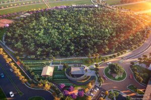 Perspectiva aérea do condomínio Parqville Figueira, que contará com fazenda urbana e agrofloresta (Foto divulgação).