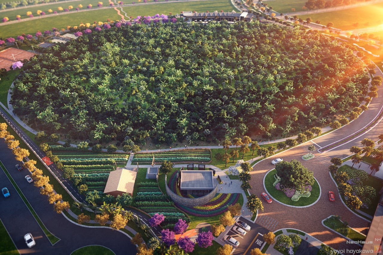 Perspectiva aérea do condomínio Parqville Figueira, que contará com fazenda urbana e agrofloresta (Foto divulgação).