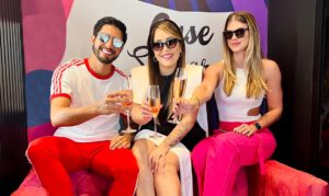 Murillo Rabelo, Camila Melo e Brenda Queiroz na inauguração da Óticas AZ (Foto divulgação).