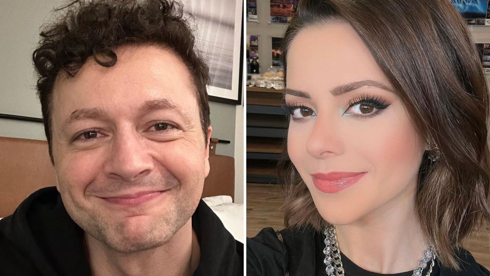 Mulher grávida sentada em uma cama com as mãos na barriga e uma expressão feliz