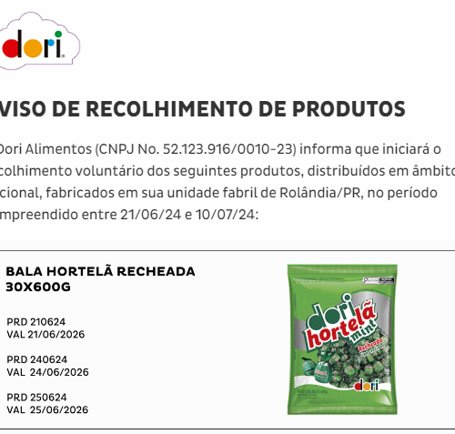 Aviso de recolhimento de produtos balas Dori. Foto: Reprodução