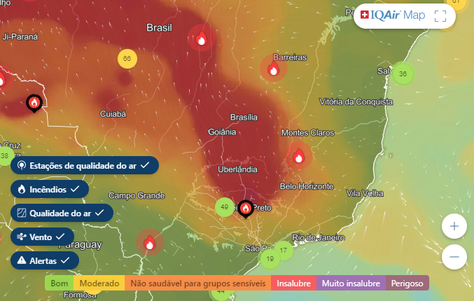 Mapa da qualidade do ar em Goiás. Foto: Reprodução/ IQAir