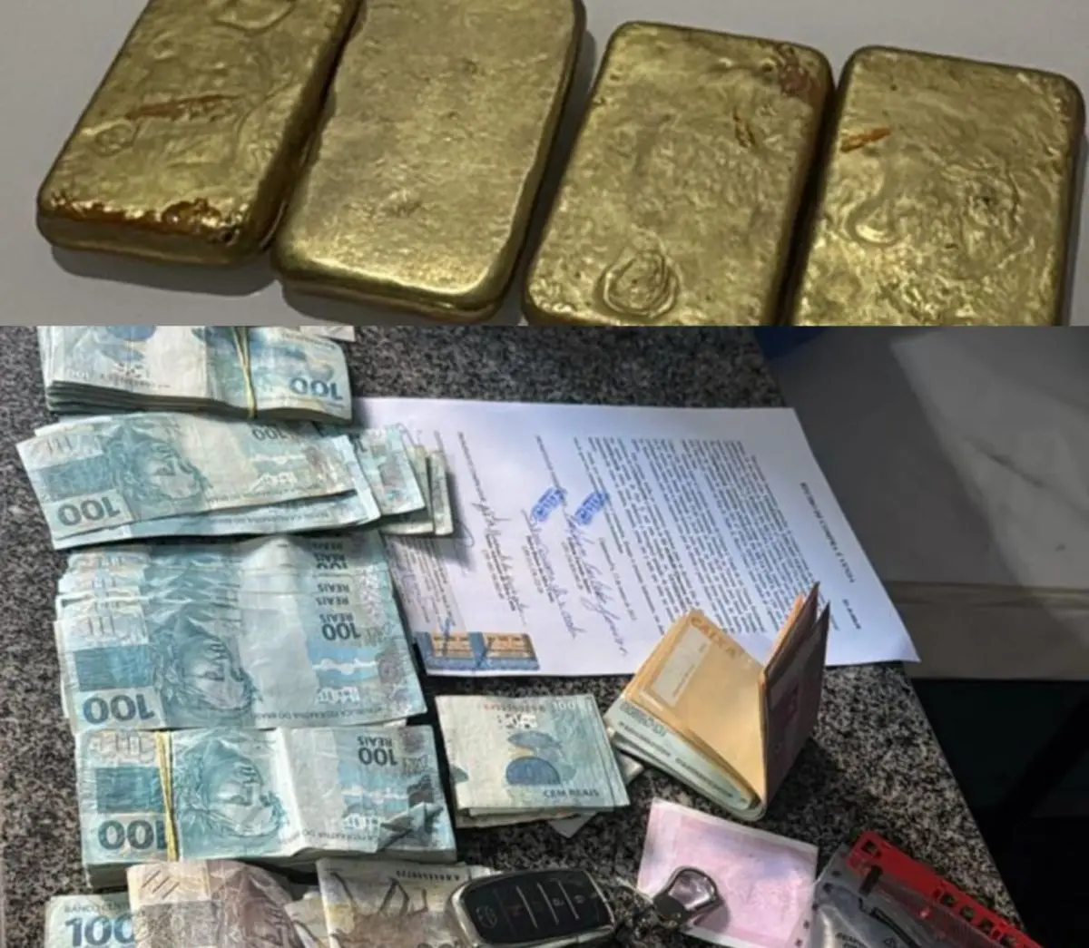 Barras de Ouro e dinheiro estão entre os itens apreendidos na operação Fotomontagem divulgação PF