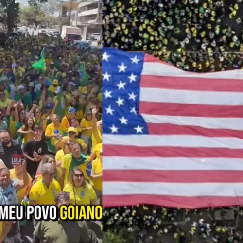 Atos em Goiânia e na Paulista reuniram multidões de bolsonaristas de verde e amarelo e com bandeira dos EUA Fotomontagem redes sociais
