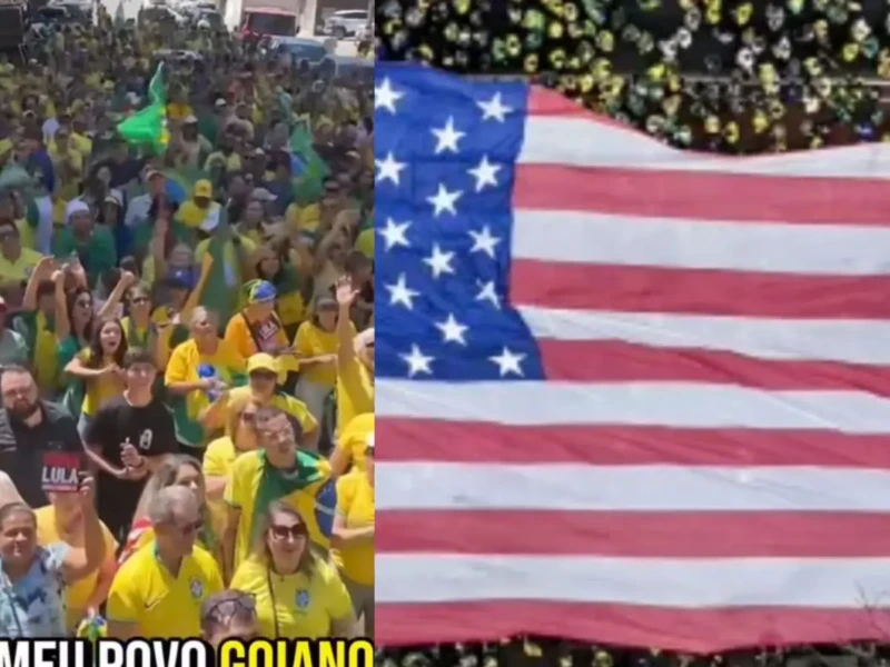 Atos em Goiânia e na Paulista reuniram multidões de bolsonaristas de verde e amarelo e com bandeira dos EUA Fotomontagem redes sociais