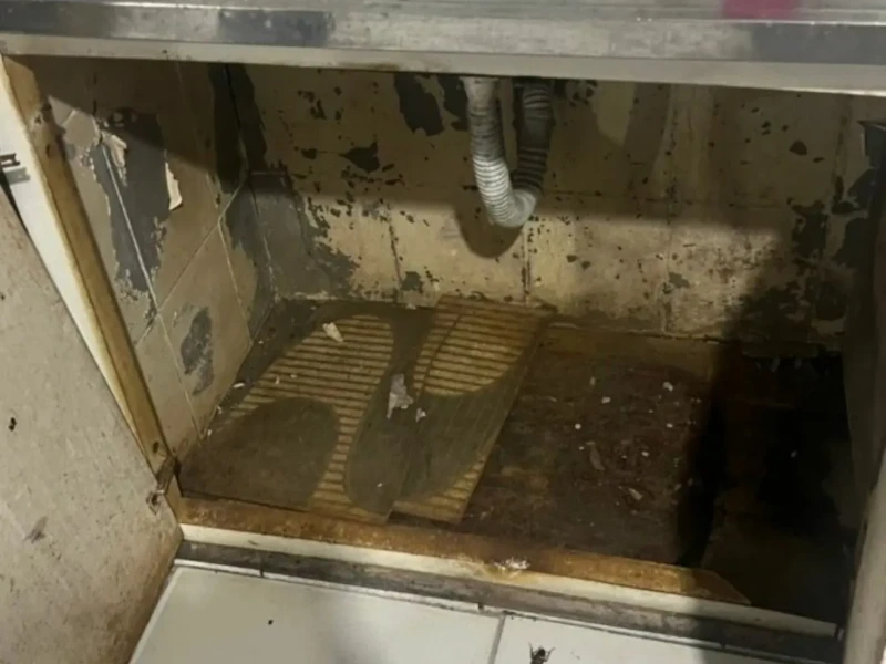 Vasilhas e móveis sujos e baratas no chão foram encontrados no buffet - Foto Polícia Civil