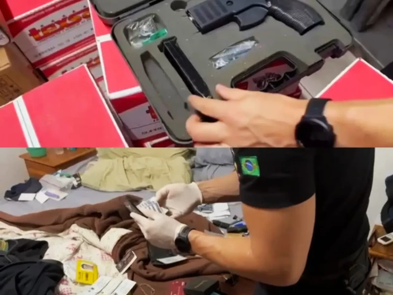 Polícia encontrou armas, roupas e credenciais falsas da polícia com os suspeitos - Fotomontagem divulgação PF