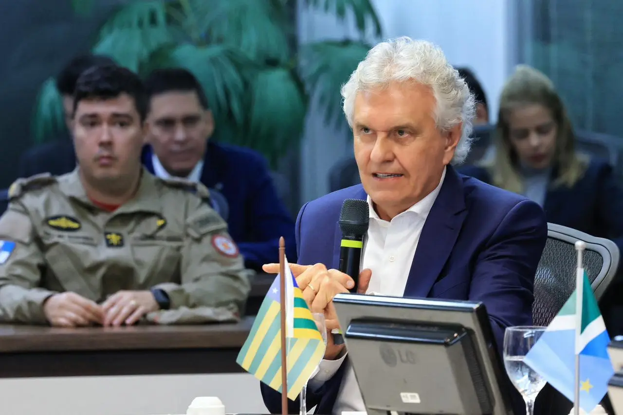 Governador Ronaldo Caiado durante evento do Consórcio da Paz destaque nacional no enfrentamento à criminalidade, segundo pesquisa Quaest. Foto Divulgação.