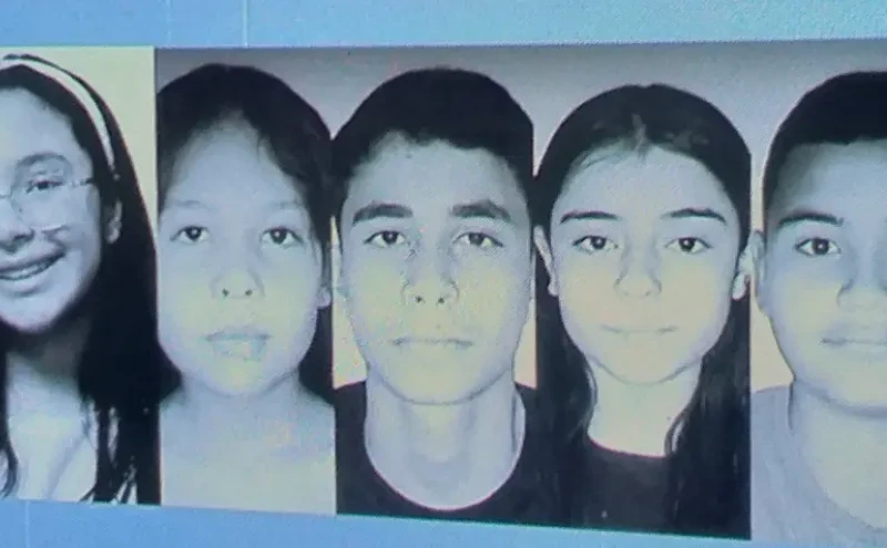 As vítimas são Isadora Castro Neves – 12, Maria Carolina Sabino Alves – 11, Lucas Antônio de Souza Dias – 14, Izadora Monteiro da Silva – 12, e Ezequiel Souza Oliveira – 14 – Fotomontagem reprodução