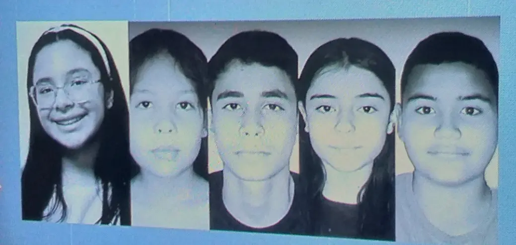 As vítimas são Isadora Castro Neves – 12, Maria Carolina Sabino Alves – 11, Lucas Antônio de Souza Dias – 14, Izadora Monteiro da Silva – 12, e Ezequiel Souza Oliveira – 14 – Fotomontagem reprodução