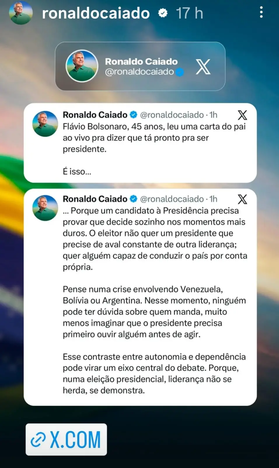Caiado critica Flávio por precisar de carta do pai - Foto reprodução Instagram Ronaldo Caiado