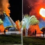 Imagem de Nossa Senhora na entrada de Nerópolis foi totalmente destruída em poucos minutos - Fotomontagem reprodução redes sociais