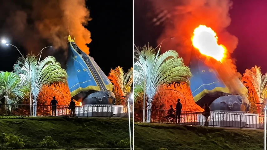 Imagem de Nossa Senhora na entrada de Nerópolis foi totalmente destruída em poucos minutos - Fotomontagem reprodução redes sociais