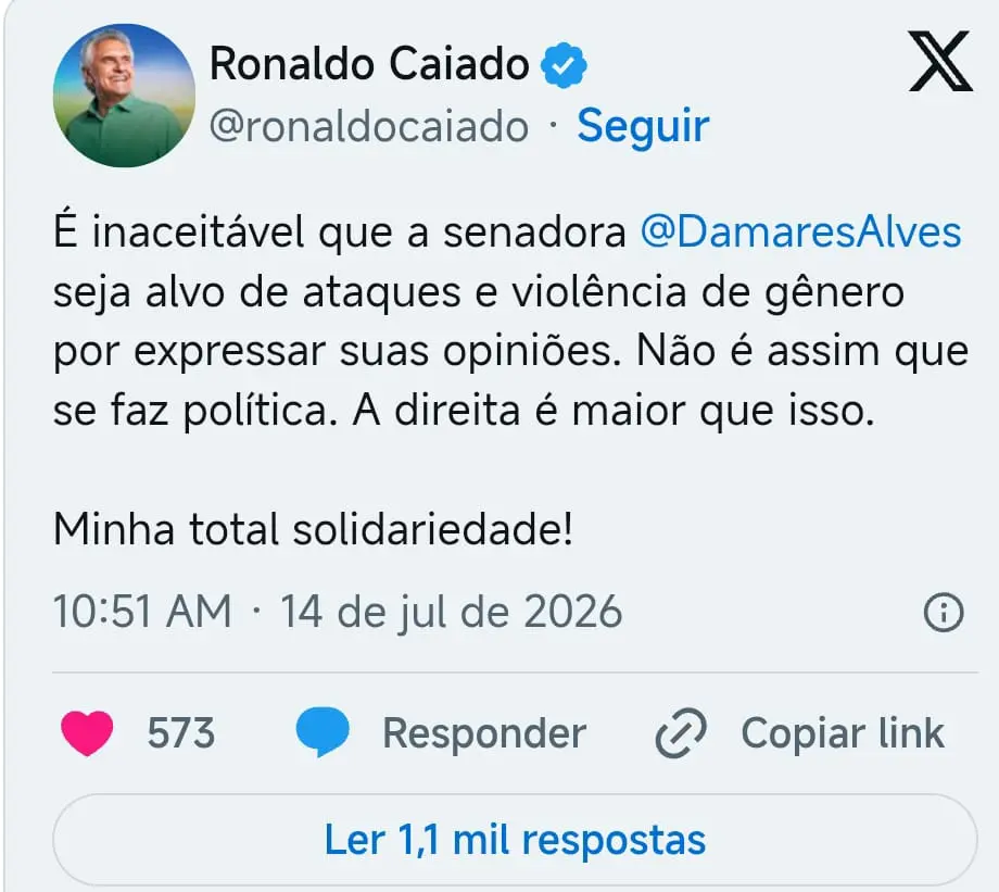 Post de Caiado no X Foto reprodução