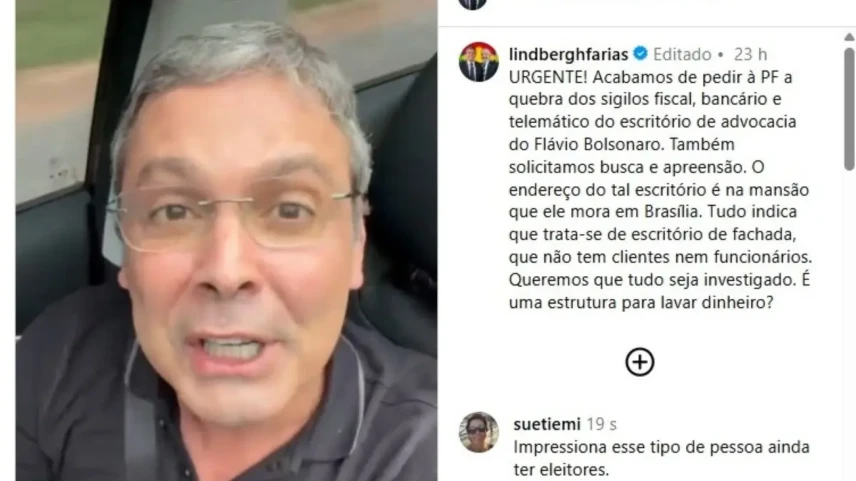 Deputado representou contra escritório de Flávio Bolsonaro - Foto reprodução Instragram de Lindbergh de Farias