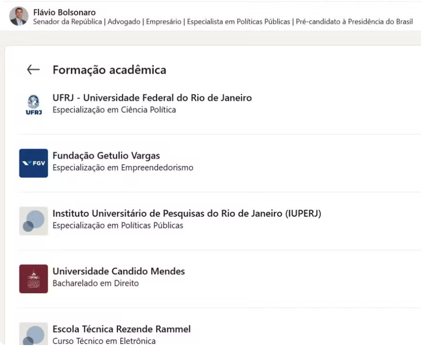 Formação de Flávio descrita no LinkedIn alimentado por equipe do senador - Foto reprodução LinkedIn