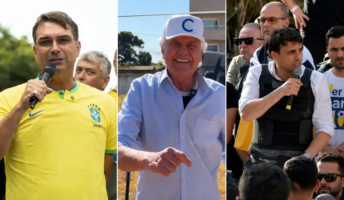 Flávio Bolsonaro, Caiado e Renan usaram coletes a prova de balas - Fotomontagem reprodução redes sociais