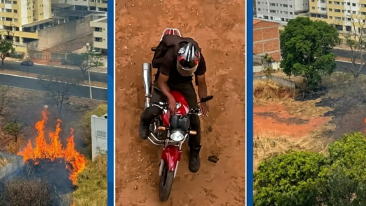 Motociclista suspeito de provocar incêndios em Goiânia acabou preso após ser filmado por moradores - Fotomontagem reprodução redes sociais