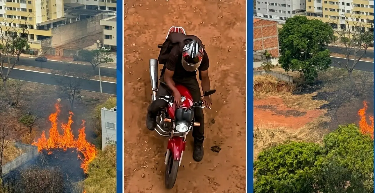 Motociclista suspeito de provocar incêndios em Goiânia acabou preso após ser filmado por moradores - Fotomontagem reprodução redes sociais