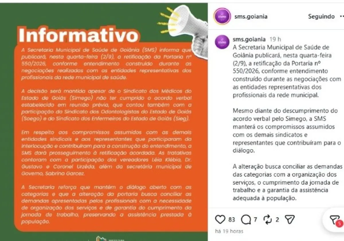 SMS publicou informe na terça-feira